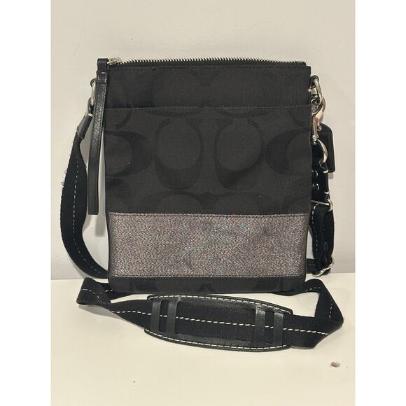 Coach Handbags Crossbody Purse Black & Silver Fabric Leather F06M-10129